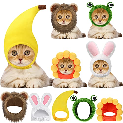 5 Cappello da Gatto Simpatico Cappello con Orecchie da Coniglio Copricapo Divertente da Rana Criniera Girasole per Cani di Piccola Taglia Costume da Gattino Accessori per Halloween, 5 Stili - Leone, Rana, Coniglio, Girasole, Banana