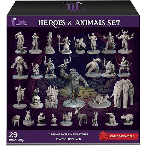 Wildspire Heroes, NPC Animal Companions & Troll King per DND Miniature Bulk 28mm-32mm DND Minis Dungeons and Dragons Miniatures D&D Miniature Fantasy Figure Non Verniciate Pathfinder Miniature - Set completo