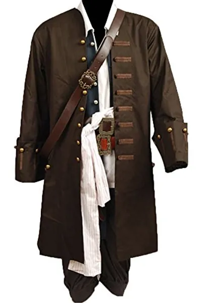 Mens Pirate Cosplay Costume Halloween Pirates Caribbean Jack Outfit Jacket Coat - Large - Full Set