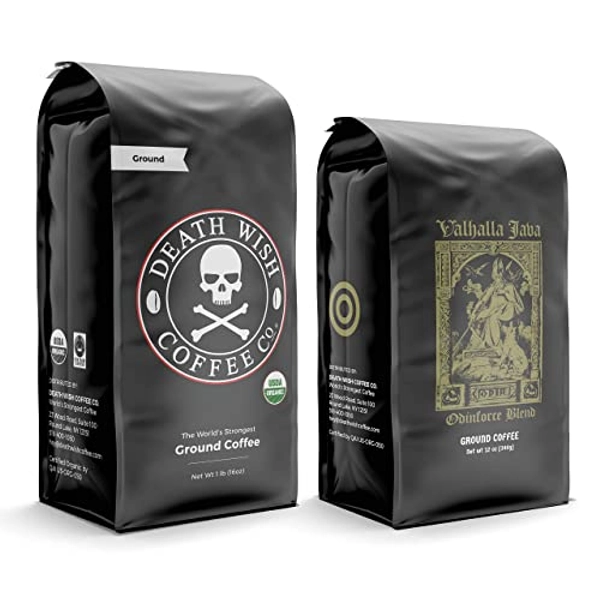 Death Wish Coffee Dark Roast Grounds 16 Oz & Valhalla Java Dark Ground Coffee 12 Oz- Extra Kick of Caffeine in 1 Powerful Bundle - Hardcore Coffee from Arabica & Robusta Beans for Tough Days - Dark Roast - 12 Ounce (Pack of 1)