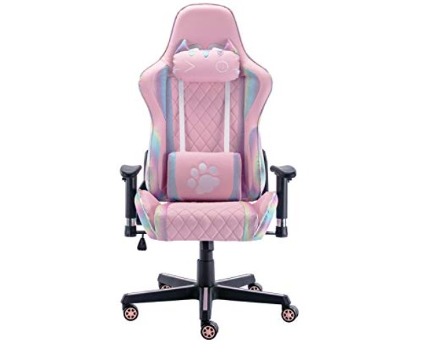 CIMOO Cute Pink Gaming Chair, Computer Racing Game Chair Ergonomic Reclining PC Gaming Chair with Cat Headrest and Lumbar Pillow, Colorful Decoration, Black Base,White - White
