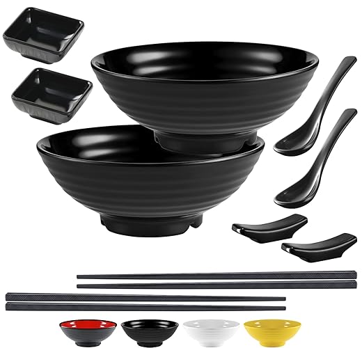 Unbreakable Ramen Bowl Set with Chopsticks and Spoon: 2 large Japanese Style Melamine Ramen Bowls, Dipping Bowls and Chopstick Stands for Asian Pho Soup Thai Miso Udon Wonton (2 Bowl Set, Black) - 2 Bowl Set - Black