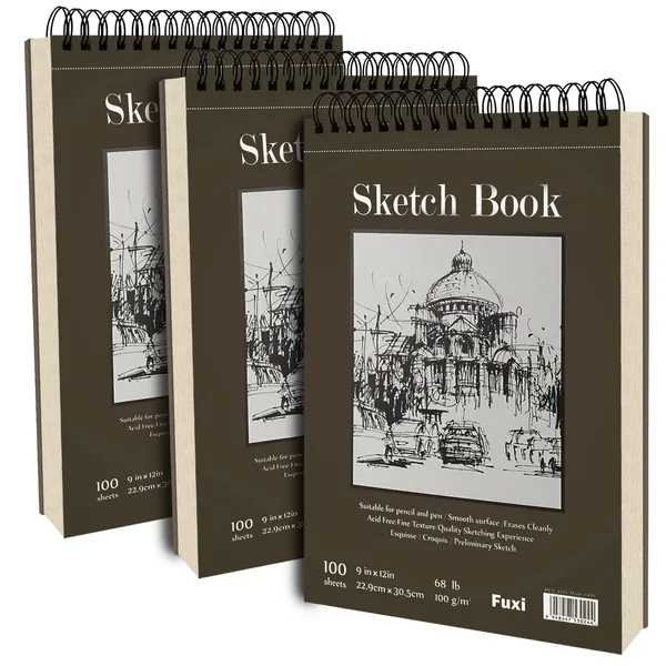9 x 12 inches Sketch Book, Top Spiral Bound Sketch Pad, 3 Pack 100-Sheets Each (68lb/100gsm), Acid Free Art Sketchbook Artistic Drawing Painting Writing Paper for Kids Adults Beginners Artists - 3 Pack