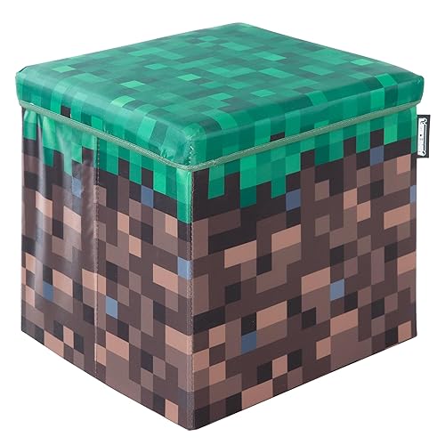 Phoenix group AG Minecraft: Ottoman - Small - Pixel Grass Block Collapsible Storage w/Lid, Footrest Box,11x.8 Square Cube, Store Toys, Game Theme Decor, Licensed - Small