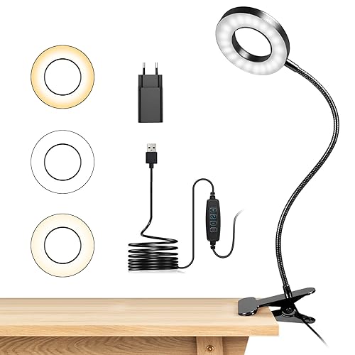 dowowdo Lampe de Bureau à Pince 48 LED Flexible à 360°Lampe Lecture Clipsable 3 Modes d’Éclairage &10 Niveaux de Luminosité Led USB pour Étude et Travail, Noir [Classe énergétique F] - Noir
