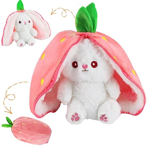ZoneYan Jouet Lapin Muppet, Peluche Lapin Fraise 25 cm, Cache-Cache Lapin de Pâques en Peluche, Lapin Oreiller en Peluche, Poupée Lapin en Peluche, Lapin Mignon en Peluche de Pâques (Rose) - Rose