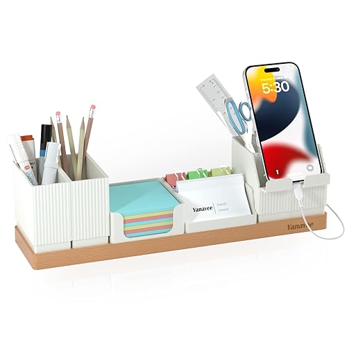 Yanavee Organiseur de bureau pour fournitures de bureau avec support de téléphone réglable, porte-stylo, porte-carte de nom, pot à crayons, plateau de notes autocollantes, organiseur de bureau blanc - Blanc