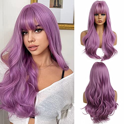 Esmee 26 Inches Long Purple Wig with Bangs Natural Synthetic Hair Wavy Wigs for Women Daily Party Cosplay Wear - Purple