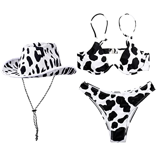 Haysandy Women Cow Print Bikini Set Two Pieces Cow Print Swimsuits Cowboy Hat Cowgirl Outfits Triangle Bikini Bathing Suit - X-Large