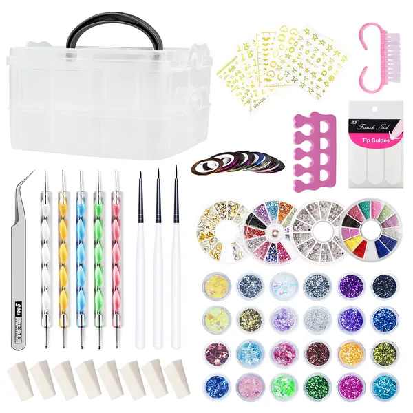 AIFAIFA Nail Art Kit, 69Pcs Nail Design Tools Nail Art Brushes, Nail Art Supplies for Beginners with Nail Organizer, Nail Tape Strips Rhinestones Glitters Decal Sequins, Sponge, Pen, and Pick-Up Tweezers