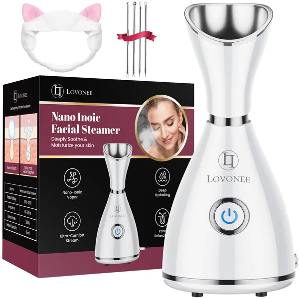 Facial Steamer - LOVONEE Face Steamer for Facial Deep Cleaning Home Facial Spa Warm Mist Humidifier Atomizer Sauna Sinuses Unclogs Pores with Blackhead Stainless Steel Kit and Hair Band (White)
