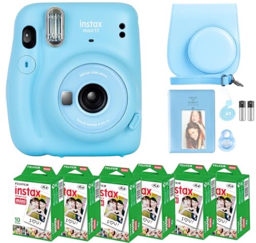 Fujifilm Instax Mini 11 Camera with Fujifilm Instant Mini Film (60 Sheets) Bundle with Deals Number One Accessories Including Carrying Case, Selfie Lens, Photo Album, Stickers (Sky Blue) - Sky Blue