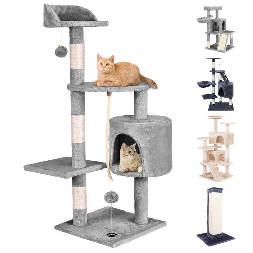 BEASTIE Cat Tree 112cm Multi-Level Cat Tower with Scratching Posts, Cat Condo Play House with Hanging Toy, Sisal-Covered Cat Scratcher Tower Wood Furniture for Kittens Climbing and Playing, Light Grey