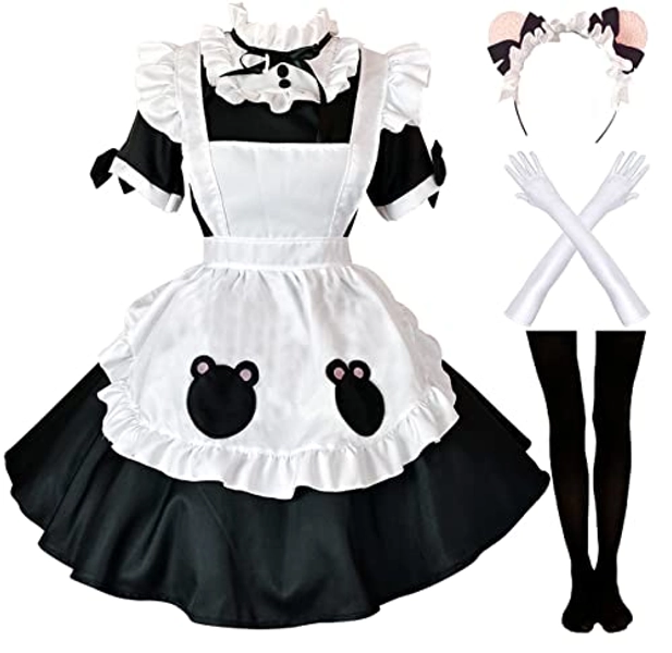 Rickem Ladies Anime Cosplay French Black white bow Apron Dress Halloween Makeup Costume 8PCS Set
