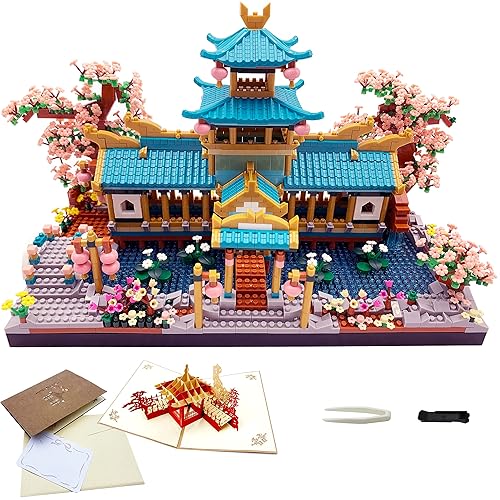 Alizdd Micro Building Blocks Set，Chinese Suzhou Garden Architecture and Cherry Blossom Bonsai Tree Building Toys for Adults，Japanese Sakura House Model，Creative Mini Bricks Gift for Kids 14+，2350 pcs - Suzhou+pop Up Cards