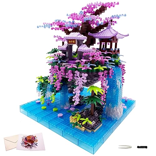 Alizdd Micro Building Blocks Sets，Chinese Moon Palace Architecture and Cherry Blossom Bonsai Tree Building Toys for Adults，Japanese Sakura House Model，Creative Mini Bricks Gift for Kids 14+，2588 PCS - Moon Palace+pop Up Cards