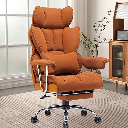 Efomao Executive Office Chair for Heavy People, High Back Computer Chair with Foot Rest, Height Adjustable PU Leather Office Chair,Big and Tall Office Chair, Orange Office Chair - Orange