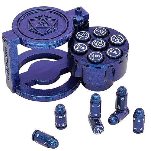 CZYY Metal Polyhedral Bullet Dice Set of 7 with Spinning Revolver Cylinder Container - Cyberpunk Style Dice for Warhammer 40K, D&D, Sci-Fi, War, or Crime Theme Tabletop Games (Blue) - Blue