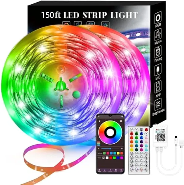 150FT Smart LED Strip Lights (2 Rolls of 75ft), RGB Strip Lights Sync to Music with 40 Key Remote Controller LED Lights for Bedroom,Christmas Lights decration (Multi-Colored, 150FT)