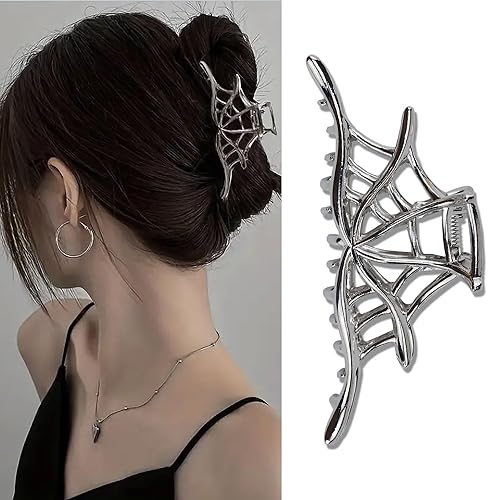 Halloween Hair Clips Metal Sliver Hair Claw Clips for Thick or Thin Hairs for Women Halloween Hair Accessories Spider Web Design No-Slips Strong Hold Claw Clips for Cosplay Party Hair Supplies 1Pcs - Sliver Spider Web