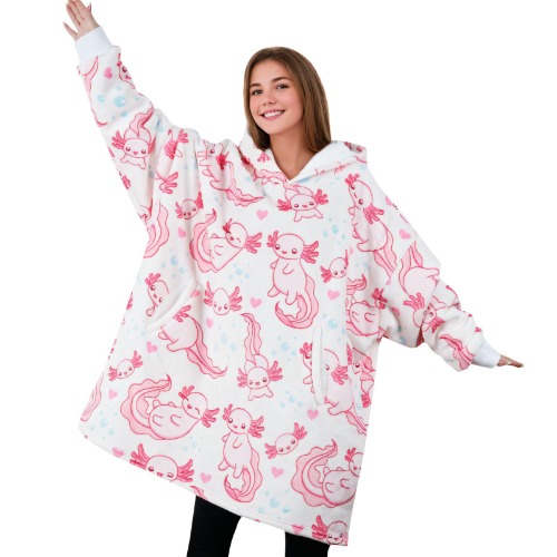 Axolotl Gifts, Wearable Blanket Hoodies for Adults, Oversized Flannel Hooded Blankets, Gifts for Birthday, Christmas, and so on, One Size Fits All, Pink, F