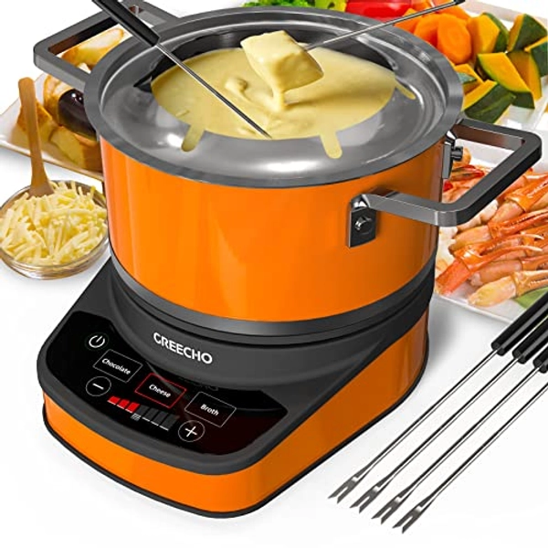 GREECHO Fondue Pot Electric Set - 2.6 Qt Stainless Steel Electric Fondue Pot with 3 Preset Mode (Cheese, Chocolate & Broth) and Precise Digital 7 Gear Temperature Control, 1200W Fondue Pot Set with Separated Fondue Pot & 6 Color-Coded Forks (Carrot Orange)