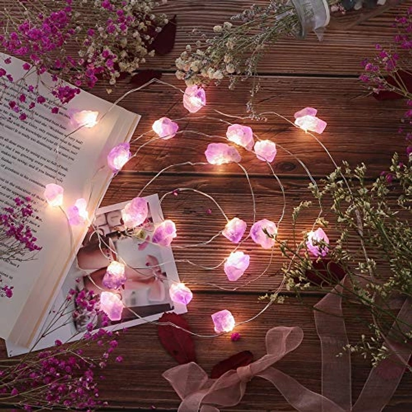Natural Amethyst Decorative Lights Crystal Indoor String Lights Raw Stones 8.5feet 20LEDs with Remote Control, Hanging Healing Reiki Ornaments Battery Operated for Room Wedding Valentines Day Decor