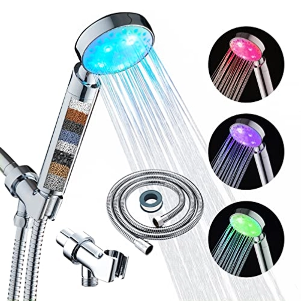 KAIREY Led Shower Head 7 Color Light Change Automatically Handheld Showerhead Polished Chrome with 60 Inches Stainless Steel Hose and Adjustable Bracket Filtered Shower Head