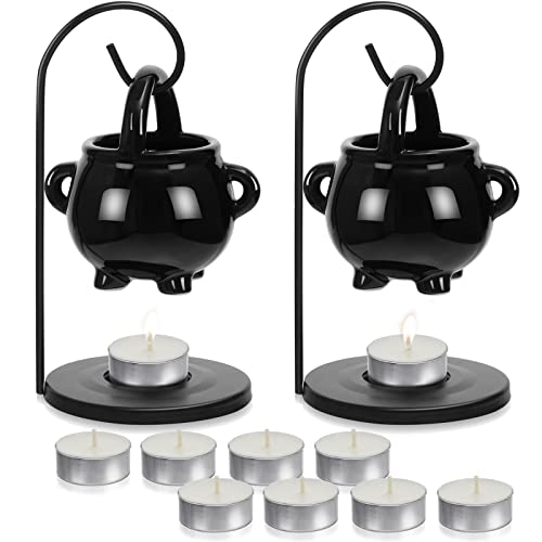 2 Pcs Hanging Cauldron Pagan Oil Burner with Handle Lid 10 Pcs White Tea Lights Candles Halloween Wax Warmer Witches Witchcraft Home Black Gothic Home Decoration Diffuser Ceramic Witches Cauldron