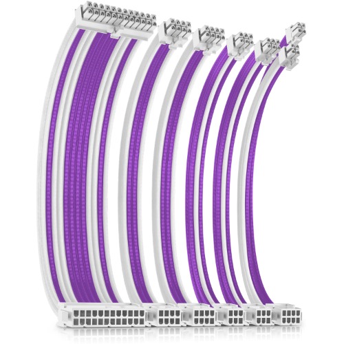Antec PSU Cables, Sleeved Cable Extension Kit /24pin ATX /4+4pin EPS /8-pin PCI-E /6pin PCI-E PSU Extension Cable Kit 30cm Length with Combs, White Connector, White & Purple - 6 Packs (White Connector) White / Purple