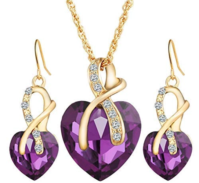 weel Gift! Gold Plated Jewelry Sets For Women Crystal Heart Necklace Earrings Jewellery Set Bridal Wedding Accessories - Purple