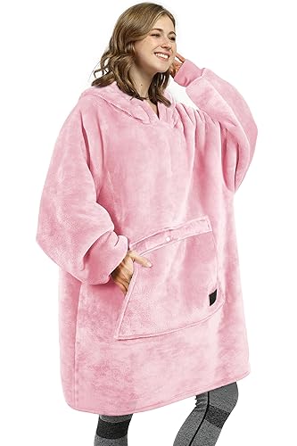 Catalonia Oversized Blanket Hoodie Sweatshirt, Wearable Sherpa Lounging Pullover for Adults Women Men - One Size - Pink