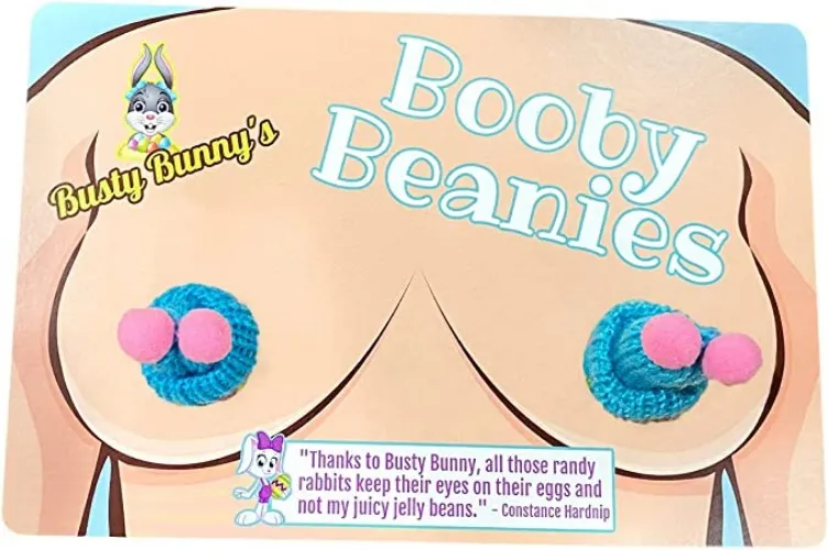 GearsOut Easter Bunny’s Booby Beanies Warmers - Easter Gag Gifts for Women - Blue and Pink Hooter Heater Winter Hat with 2 Poms Each Hand Knit Novelty Basket Filler for Adults at Amazon Women’s Clothing store