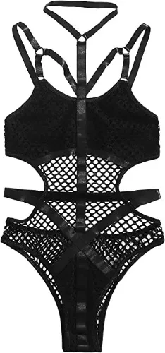 WDIRARA Women's Mesh Criss Cross Straps Choker Teddy Lingerie Bodysuit Black M