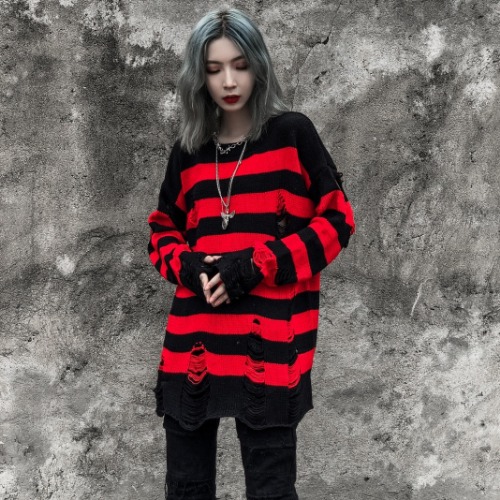 'Flame of Fear' Red & Black Torn Striped Sweater - XL / Red