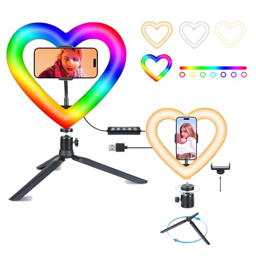 Heart Ring Light 10 inch with Tripod Stand,RGB 47 Color Modes,Adjustable Brightness Zoom Light,Computer/Desktop Light Ring for Selfie,Video Recording,Online Meeting, Video Call,Live Streaming