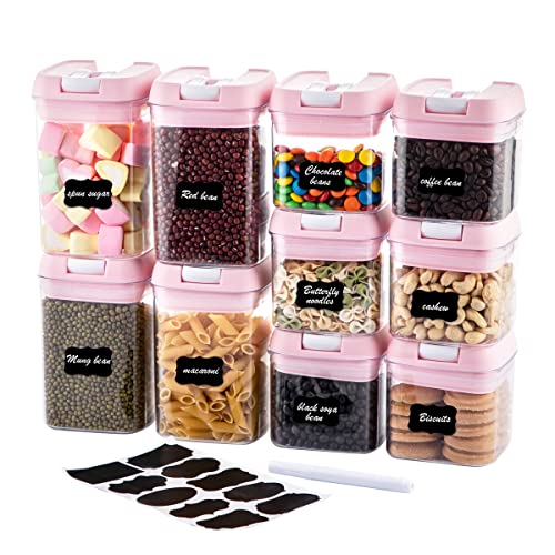 U-QE Airtight Food Storage Container Set-10 Piece BPA Free Clear Plastic Cereal Canisters with Easy Lock Lids-Kitchen & Pantry Organization Containers for Sugar, Flour, Cereal, Labels & Marker(Pink) - QE-002