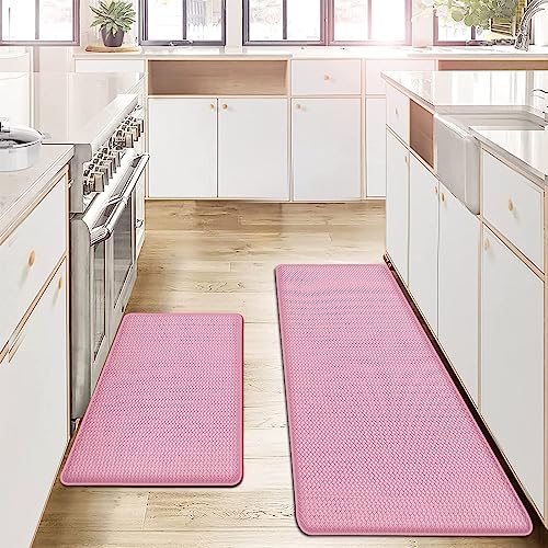 AUTODECO Kitchen Mats and Rugs Set of 2 - Cushioned Anti-Fatigue Kitchen Rug for Floor Washable 17"x29" +17"x59", PinkRed - Pinkred - 17''x29''+17''x59''