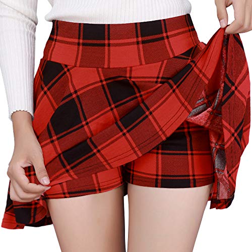 DJT FASHION Women's Casual Stretchy Flared Pleated Mini Skater Skirt with Shorts - X-Large - Red Plaid