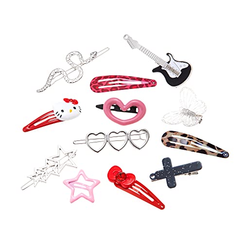 Y2K Pink Hair Clips Set, Hollow Out Star Heart Hairpin Punk Snake Cross Guitars Headwear Cute KT cat Accessories Styling Tools Gifts for Women Girls(12pcs)