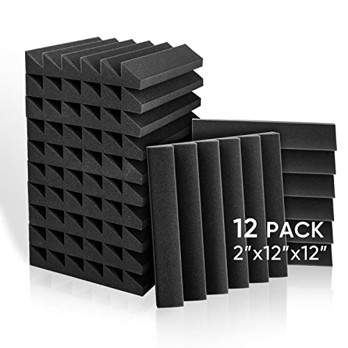 Fstop Labs Acoustic Foam Panels 12" X 12" X 2" Acoustic Foam Sound Absorbing Panel, Studio Wedge Tiles, Sound Panels Wedges Soundproof Foam Sound Insulation Absorbing (12 Pack, Black) - 12 Pack - Black (Wide Wedge)
