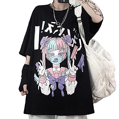 Women Summer Gothic T-Shirt Anime Aesthetic Print Harajuku Fashion Casual Tops - X-Large - Black3