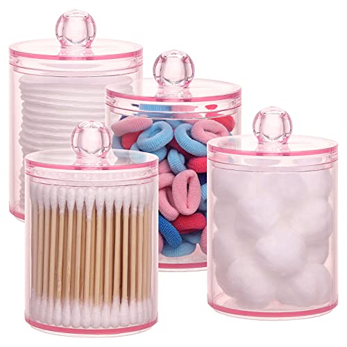 Tbestmax 4 pcs Qtips Holder Bathroom Container, 10 OZ Apothecary Jar, Pink Cotton Ball/Swabs Dispenser Organizer for Storage - Pink 10oz*4