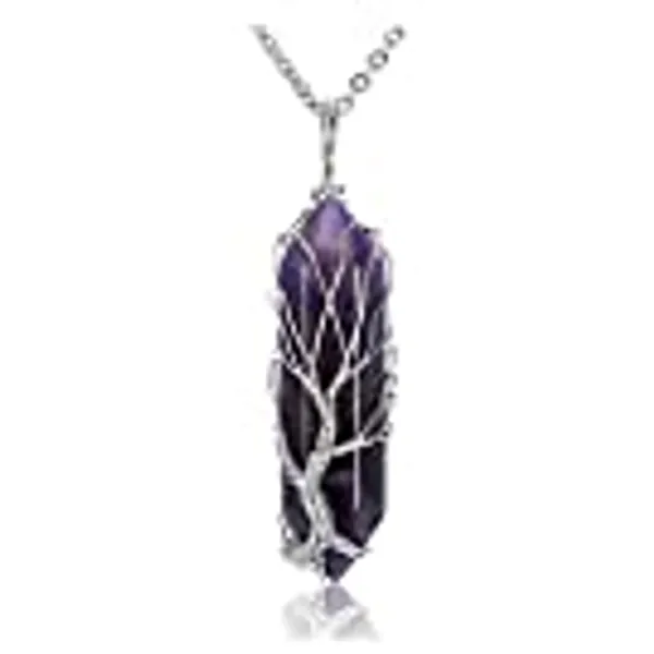 CrystalTears Natural Healing Crystal Stone Necklace Silver Tree of Life Wire Wrapped Hexagonal Crystal Points Pendant Necklace for Women