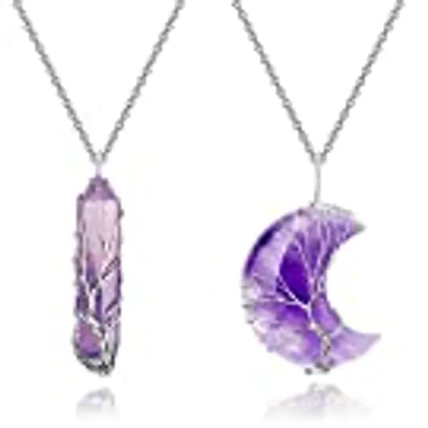 Healing Crystal Stone Necklace, Silver Wire Wrapped Crescent Moon Pendant Necklace & Double Pointed Hexagonal Prime Crystal Quartz Stone Reiki Gemstone Chakra Jewelry for Women & Girls (Purple)