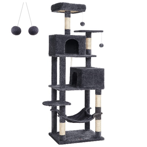 FEANDREA Cat Tree, 75.2-Inch Tall Cat Tower with Scratching Posts, Hammock, Cat Caves, Padded Perch, Cat Activity Center, Smoky Gray UPCT191G01 - Smoky Gray