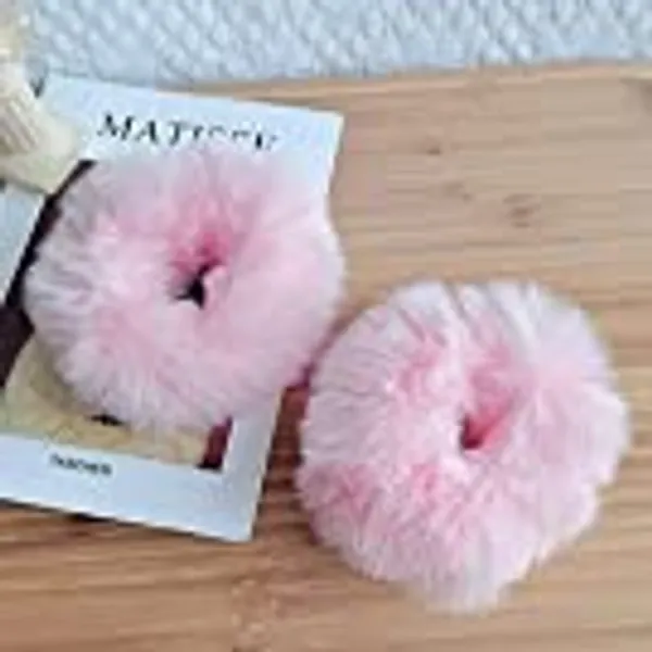 2 PCS Furry Hair Scrunchies Cute Hair Bands with Faux Rabbit Fur Elastic Hair Ties Hair Bobbles Ponytail Holders Girls Women Hair Accessories