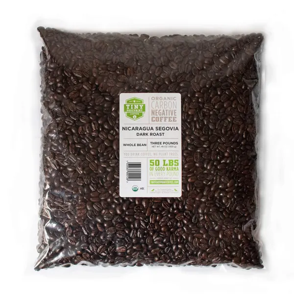 Tiny Footprint Coffee - Fair Trade Organic Nicaragua Segovia Dark Roast |Whole Bean Coffee | USDA Organic | Fair Trade Certified | Carbon Negative | 3 Pound - Whole Bean 3 Pound (Pack of 1)