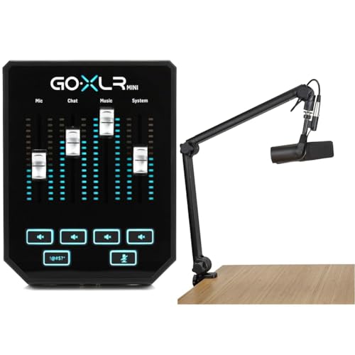 TC Helicon GoXLR MINI Online Broadcast Mixer with USB/Audio Interface and Midas Preamp & Gator Frameworks Deluxe Desk-Mounted Broadcast Microphone Boom Stand For Podcasts & Recording - Mixer + Microphone Boom Stand - GoXLR MINI
