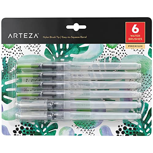 Arteza Wassertankpinsel 6er-Set, Wasserpinsel selbstbefeuchtend und tragbar, Aquarellpinsel mit Wassertank und verschiedenen Aufsätzen, für Aquarellmalerei & Aquarelleffekte - 6er-Set